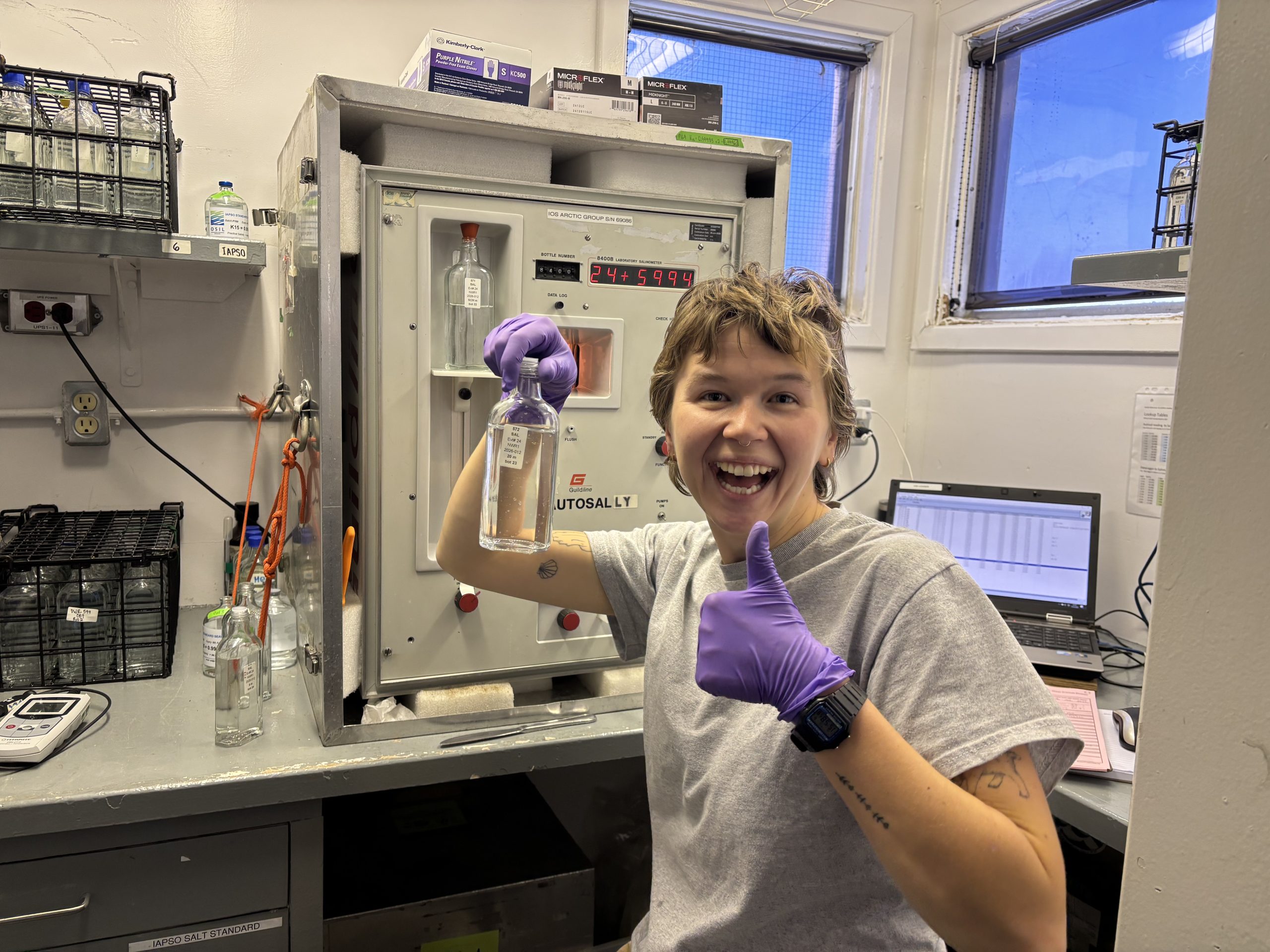 Chloe Immonen processing a seemingly endless supply of salinity water samples. Photo by Jennifer Kosty. 