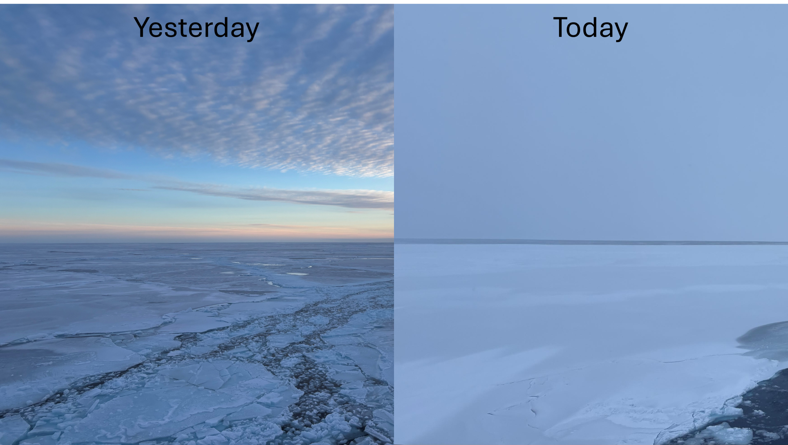 Weather and sky conditions yesterday compared to today at 75◦N, 150◦W (Mooring A’s site). Photos by Jennifer Kosty.