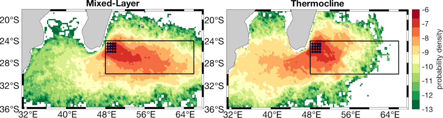 Probability density of finding water parcels South Indian Counter Current SICC mixed layer and thermocline circulation