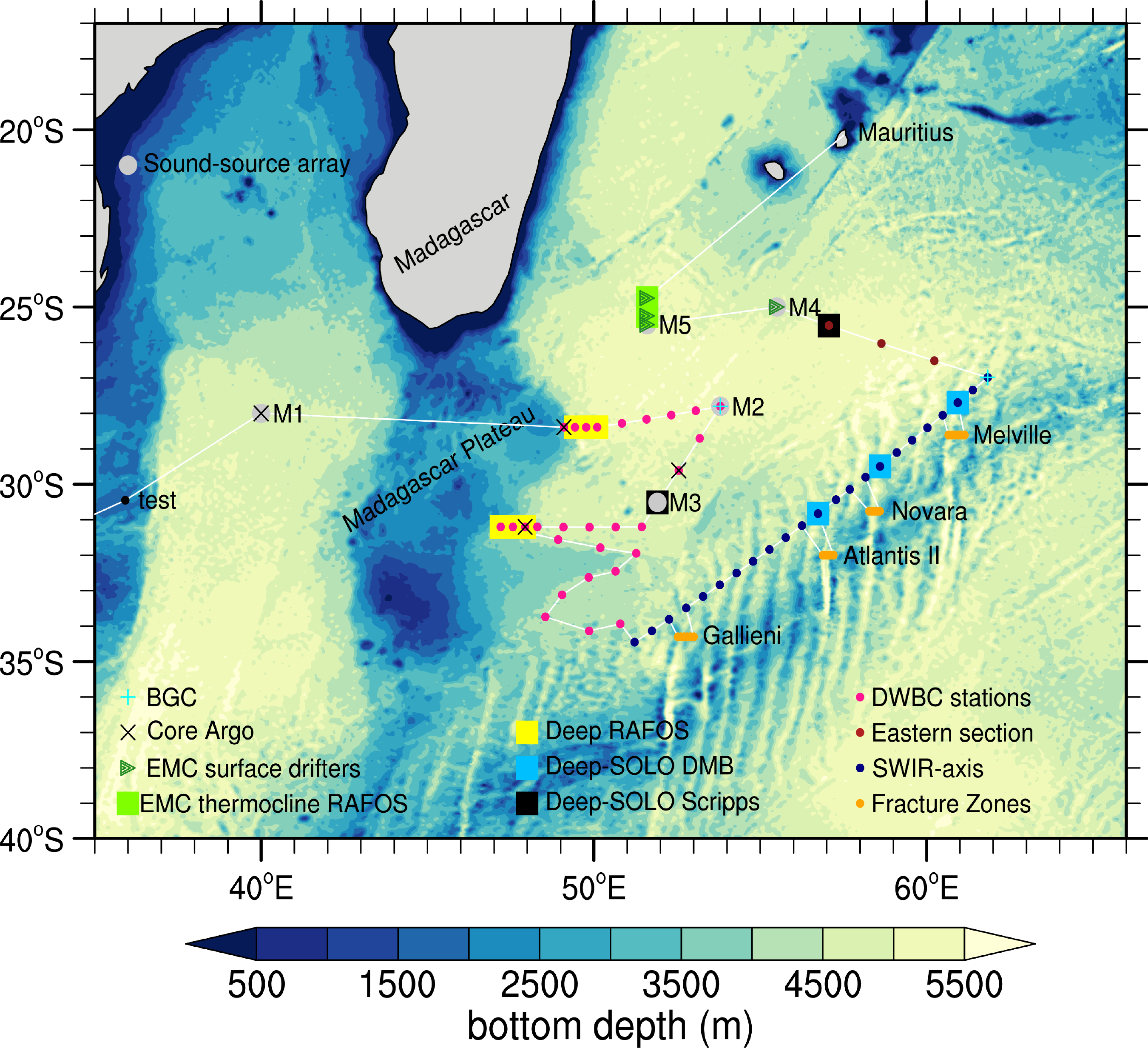 Southeast Indian Ocean map of fieldwork completed as part of the Deep Madagascar Basin and East Madagascar Current Experiments in late spring 2023.
