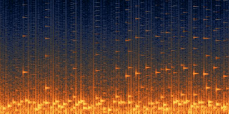 Plot of sound signals, showing a peppered pattern of strong orange signals over a dark blue background.