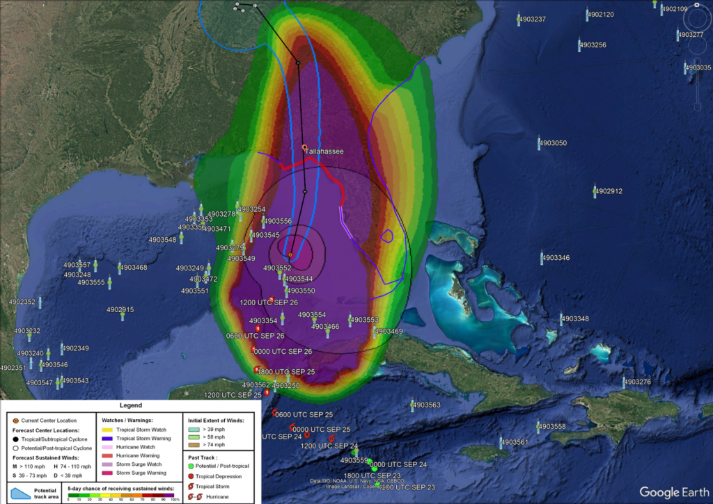 Map from Google Earth of the predicted winds and track of Hurricane Helene taken on 9/26/24. Under the hurricane, you can see about 10 argo floats in its path.