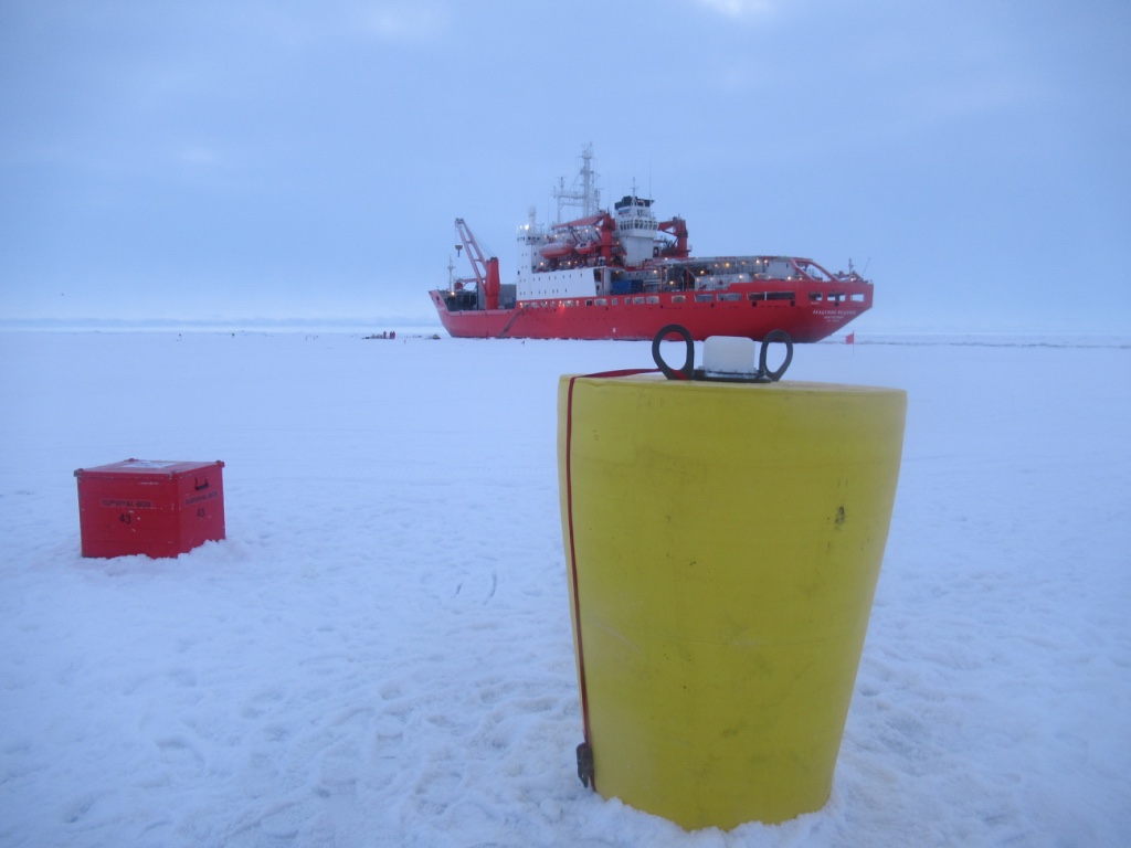 ITP 94 as deployed at MOSAiC distributed network site L2 with R/V Federov in background. (Photo by Andy Davies)