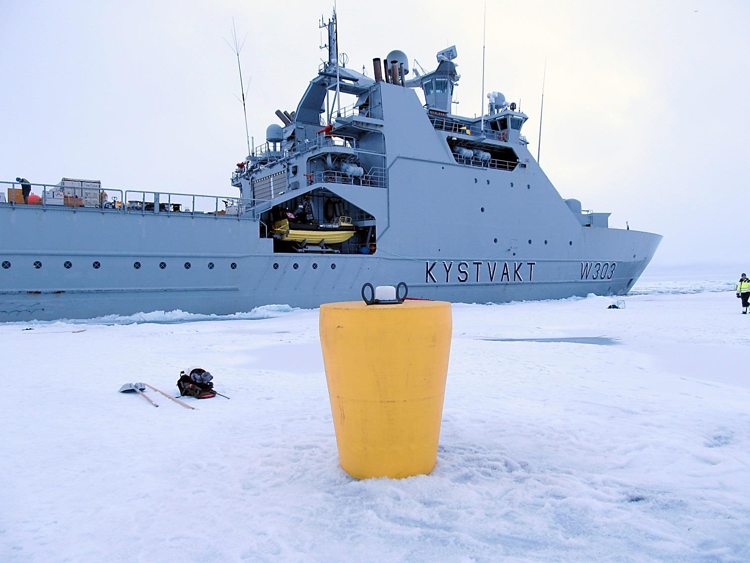 ITP 116 as deployed near the North Pole in August 2019 with the NoCGV Svalbard in the background. (Photo by Espen Storheim)