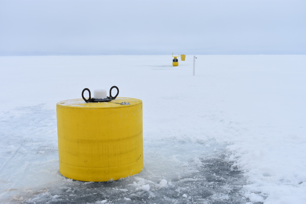 Completed ice based observatory including (from front to back) TOP4, S-IMB, AOFB, and ITP 122 deployed during JOIS 2021. Photo: Isabela Le Bras.