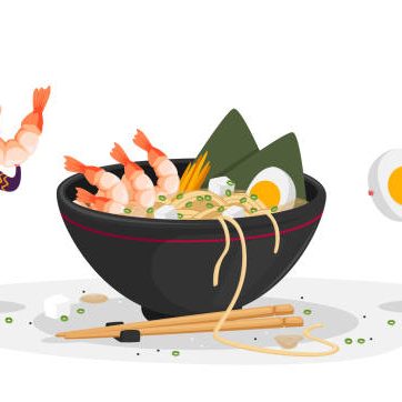 Chinese Food Concept. Tiny Characters Bring Ingredients to Huge Bowl with Ramen Noodles. Man and Woman in Traditional Asian Fastfood Restaurant Having Lunch Meal. Cartoon People Vector Illustration