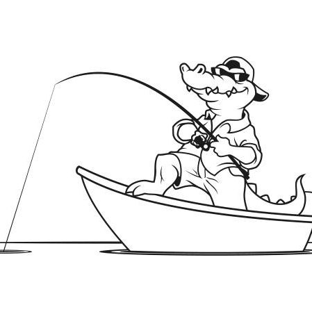 Cartoon alligator or crocodile in sunglasses, cap, shirt and shorts, standing in a motor boat and fishing - cut out outline silhouette