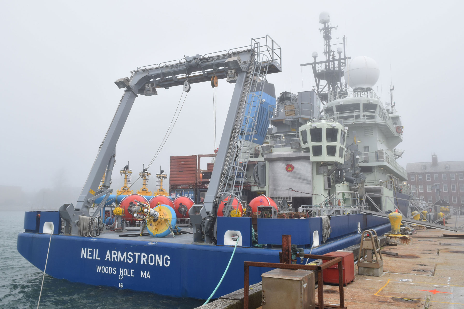 The R/V Neil Armstrong is loaded with ocean observing equipment that will deployed at the Pioneer Array.  Photo: Rebecca Travis ©WHOI.