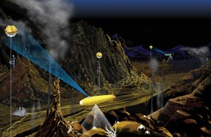 Concept drawing showing an AUV operating around a hydrothermal vent field using a free water optical communication network. (Illustration by E. Paul Oberlander, Woods Hole Oceanographic Institution.)