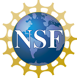The National Science Foundation logo is an earth with the letters "NSF" on the center. It is surrounded by a ring of yellow cartoon people joining hands around the edge of teh earth