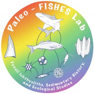 The Paleo-FISHES Lab Logo is a circular logo that reads "Paleo-FISHES Lab" along the top, "Fossil Icthyoliths, Sedimentary History, and Ecological Studies" on the bottom, and has a food web with plankton, fish and a shark in the middle of the circle. Between the sets of words around the edge of the logo are a fossil fish tooth and a fossil denticle. All images are sketches of the organisms and fossils they represent. The logo has a rainbow gradient for a background with white text and the sketches are grayscale.