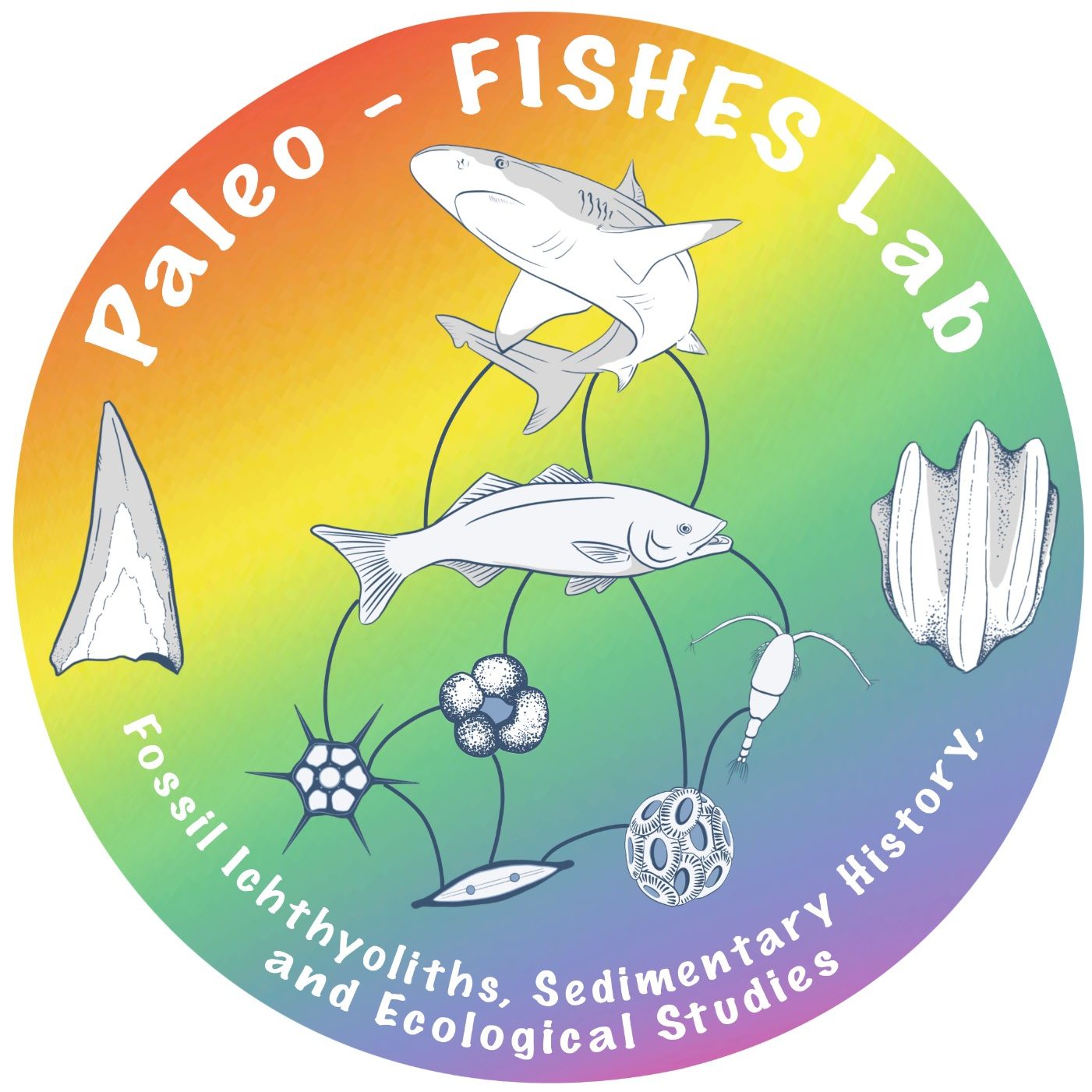 The Paleo-FISHES Lab Logo is a circular logo that reads "Paleo-FISHES Lab" along the top, "Fossil Icthyoliths, Sedimentary History, and Ecological Studies" on the bottom, and has a food web with plankton, fish and a shark in the middle of the circle. Between the sets of words around the edge of the logo are a fossil fish tooth and a fossil denticle. All images are sketches of the organisms and fossils they represent. The logo has a rainbow gradient for a background with white text and the sketches are grayscale.