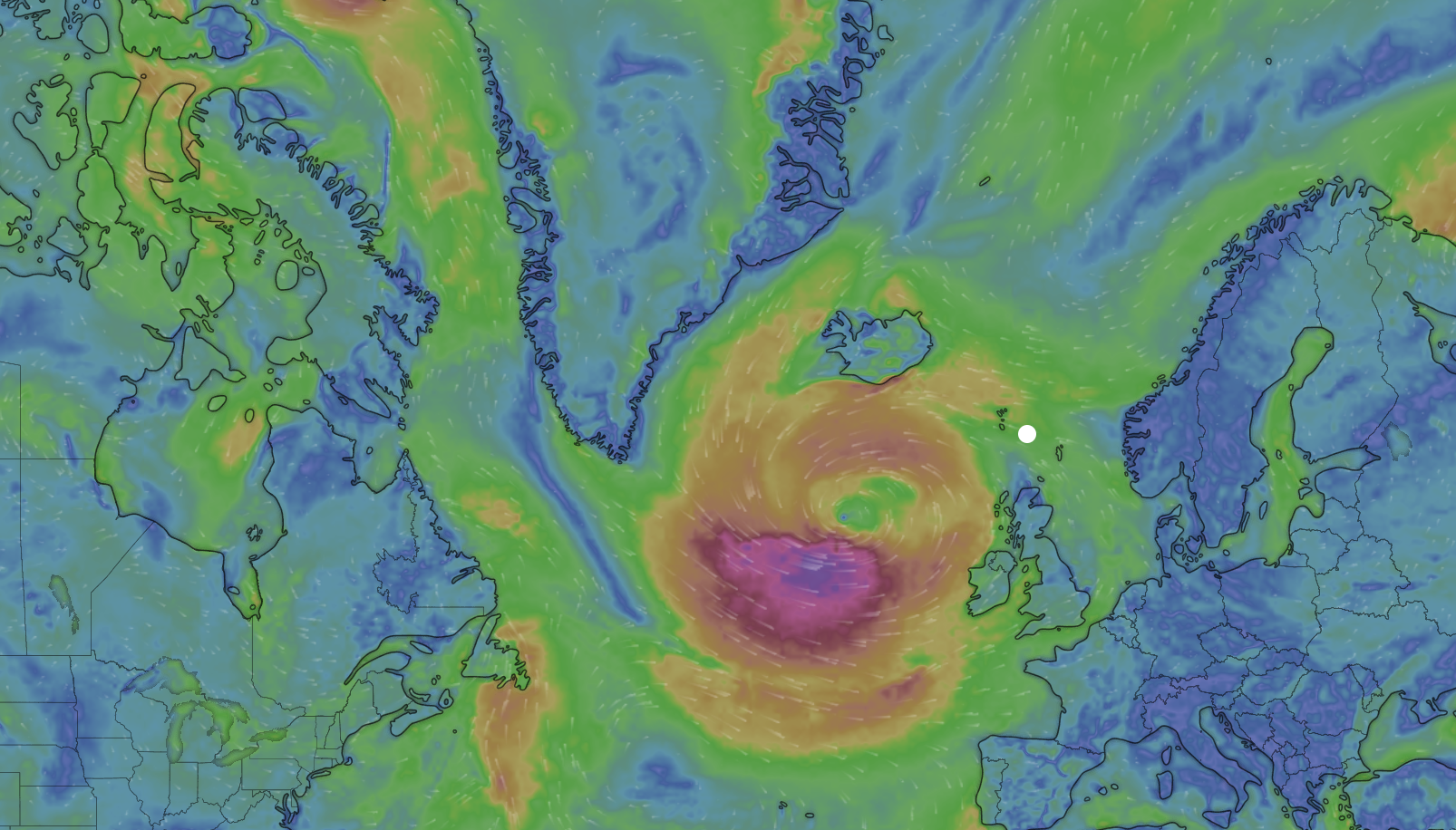 Unknown A screen shot from windy.com showing winds from Hurricane Erin near the operational region. The white dot shows the location of the Revelle at the time.