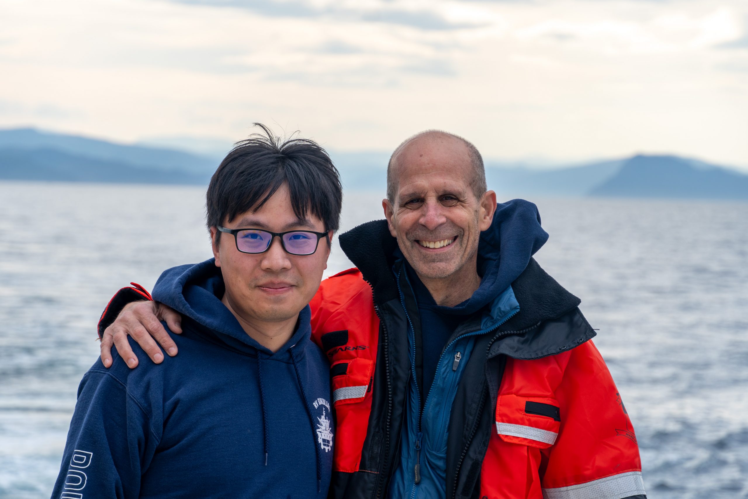 Jie Huang and Bob Pickart during the current UFO cruise. Jie monitored FishFacts every day for a year on the lookout for threats to the mooring array. Credit: Andrew Naslund