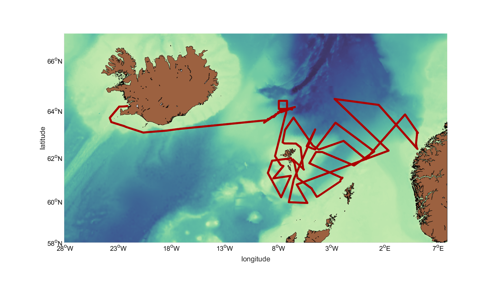 Our cruise track line.  From left to right: Iceland, Faroe Islands, Shetland Islands, Norwegian coast.  A total of 3,183 nautical miles. 