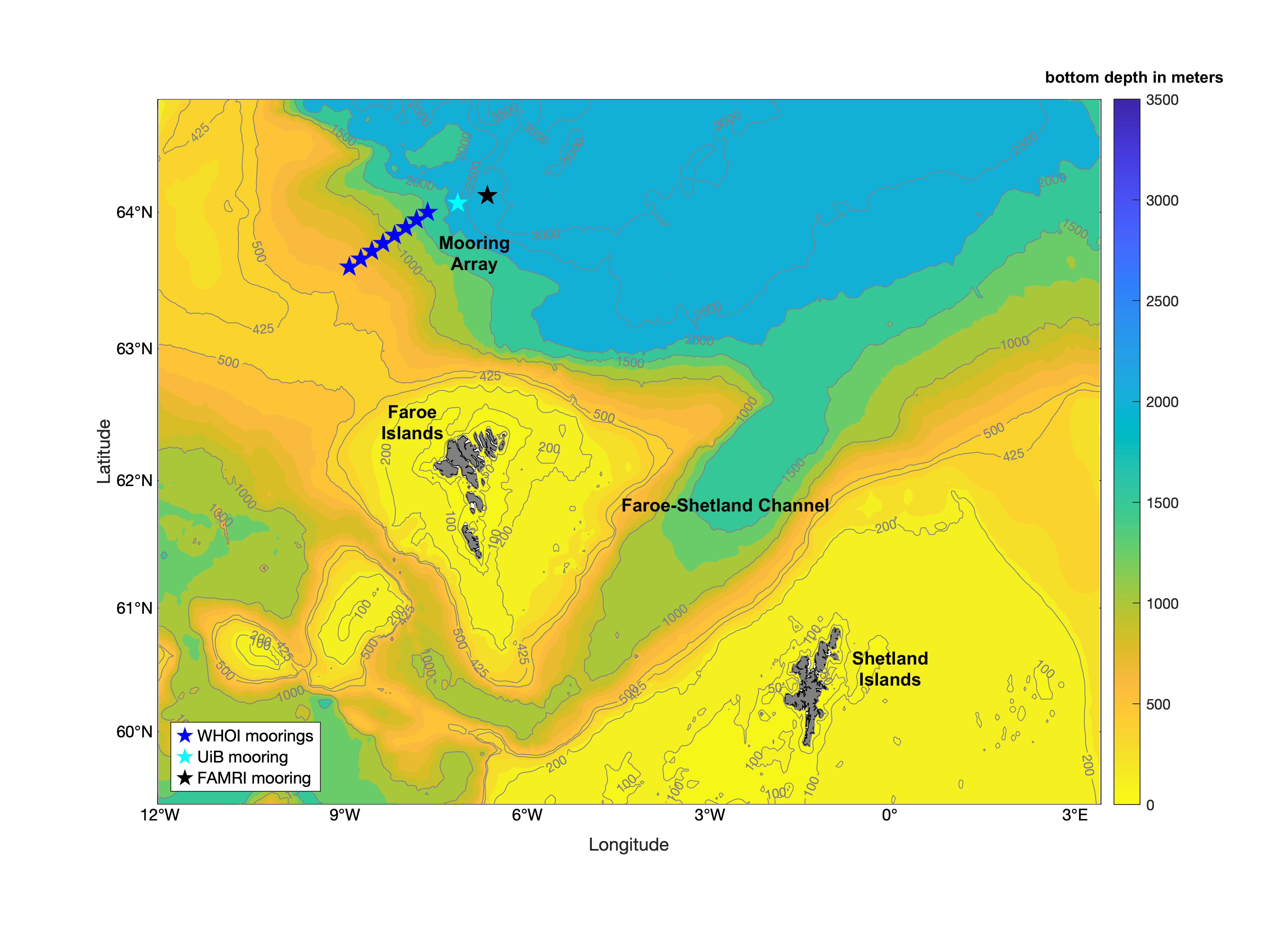 A map of bottom bathymetry showing the location of the recovered moorings (stars). Credit: Bob Pickart