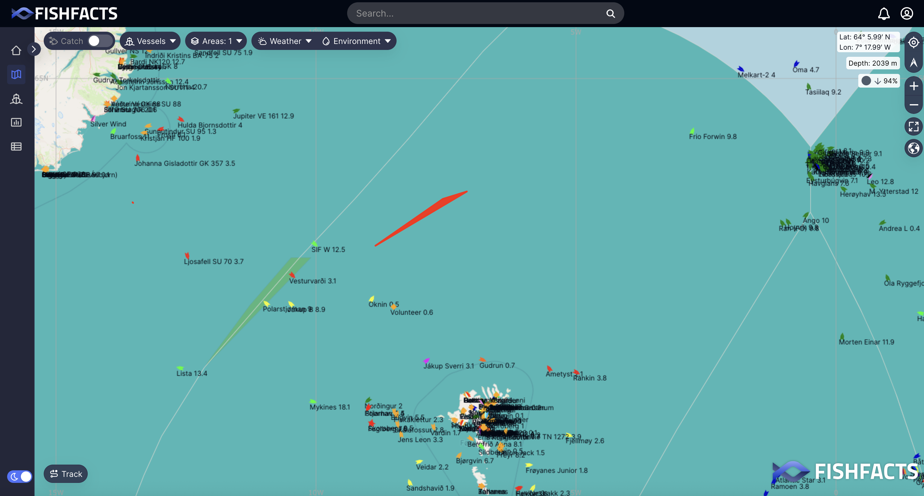 A screenshot from FishFacts.com. Each colored symbol shows the location of a fishing vessel in the region. The vivid red slash provided a warning to the community. 