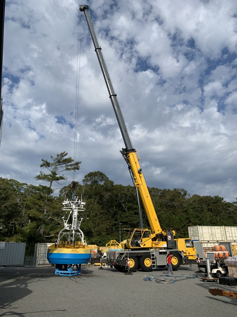 The Pioneer Array 17 team had some heavy lifting to do to get this 2,000 lbs+ coastal surface mooring from the yard onto a truck, then onto the deck of the R/V Neil Armstrong.  Photo: Derek Buffitt©WHOI. 