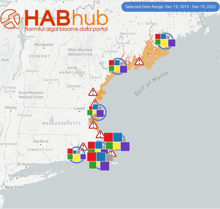 WHOI HABhub assimilates HAB data at a regional scale to provide best possible situational awareness regarding the status of HABs and HAB toxins in New England.