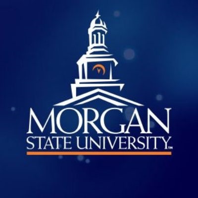 Logo of Morgan State University shows the university name and line sketch of clock tower all in white on navy blue background, underscored with orange line.