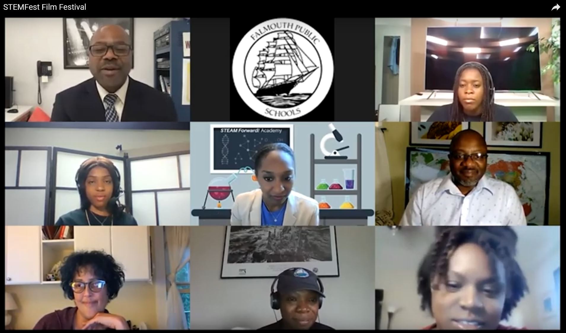 Zoom panel, Falmouth Public Schools logo and eight panelists, two men and six women, all various complexions of Black, African American, and Caribbean, gathered to speak about STEAM.