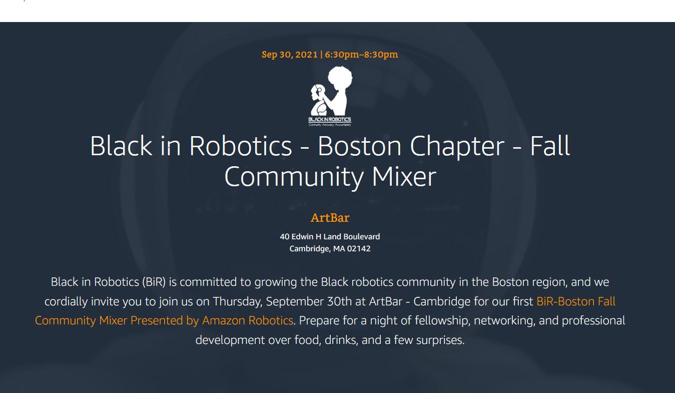 Announcement for the 2021 Black in Robotics fall mixer for the Boston Chapter.