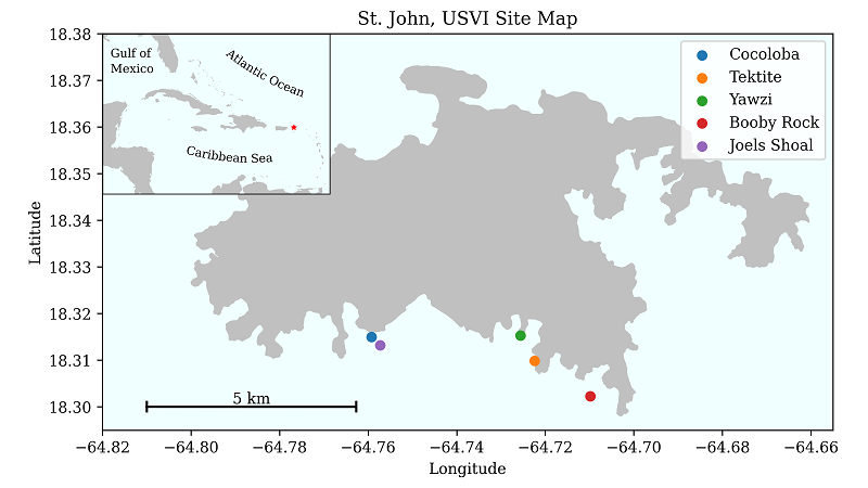 Site map of reef recorders using automatic fish call detection to process long-term recordings around the island of St. John in the U.S. Virgin Islands. St. John is home to the Virgin Islands National Park, an important protection for these critical ecosystems. 